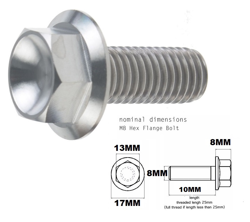 M8X10MM 1.25 THREAD PITCH TITANIUM FLANGE 13MM HEX BOLT GRADE 5